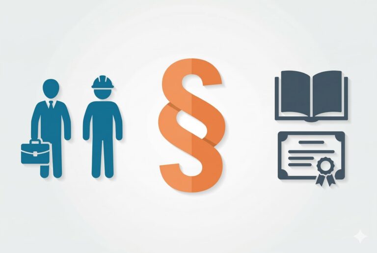 Fachanwalt Arbeitsrecht: Illustration mit Arbeitgeber- und Arbeitnehmer-Silhouette, Paragraphenzeichen und Fortbildungszertifikat