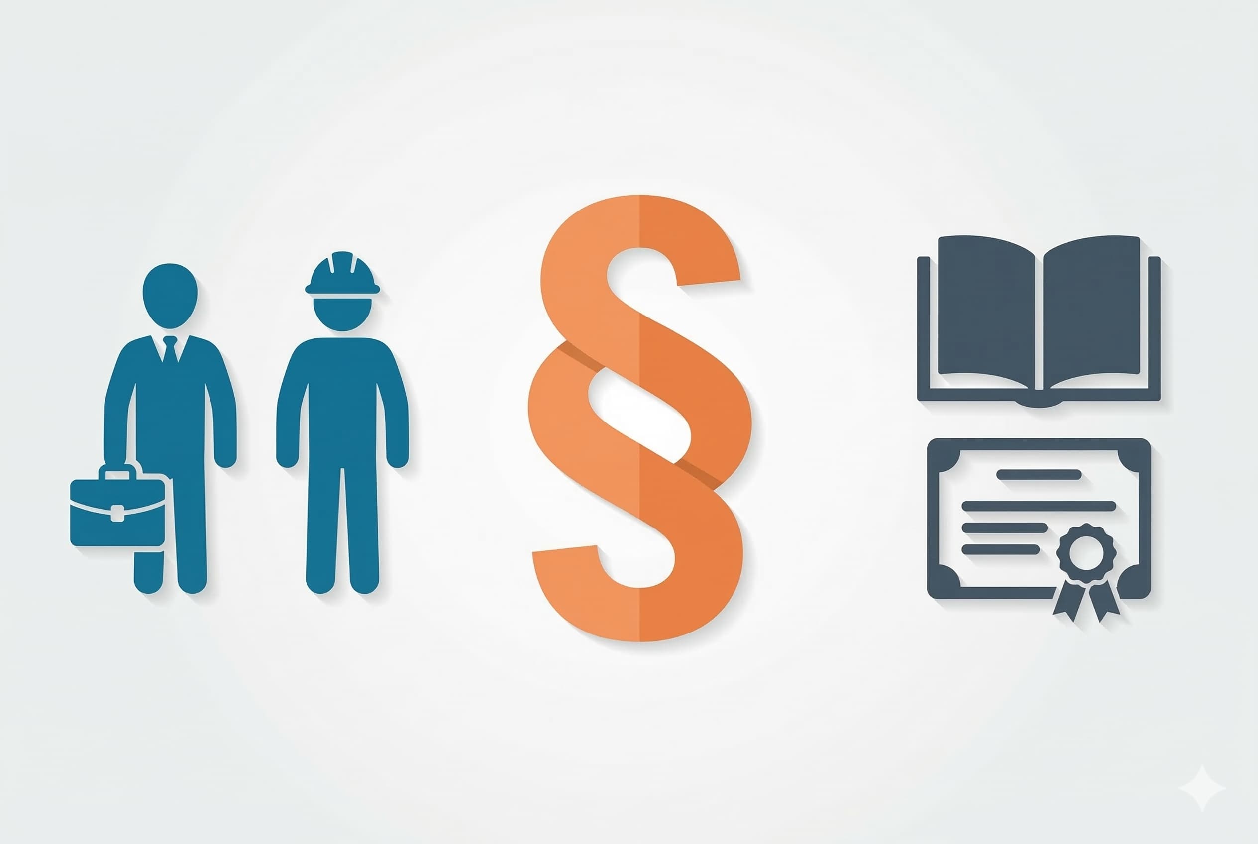 Fachanwalt Arbeitsrecht: Illustration mit Arbeitgeber- und Arbeitnehmer-Silhouette, Paragraphenzeichen und Fortbildungszertifikat