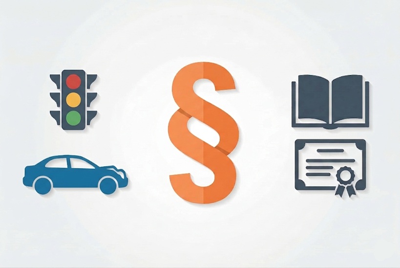 Illustration zum Fachanwalt Verkehrsrecht: Fahrzeugsilhouette, Ampel und Paragraphenzeichen als flache Vektorgrafik