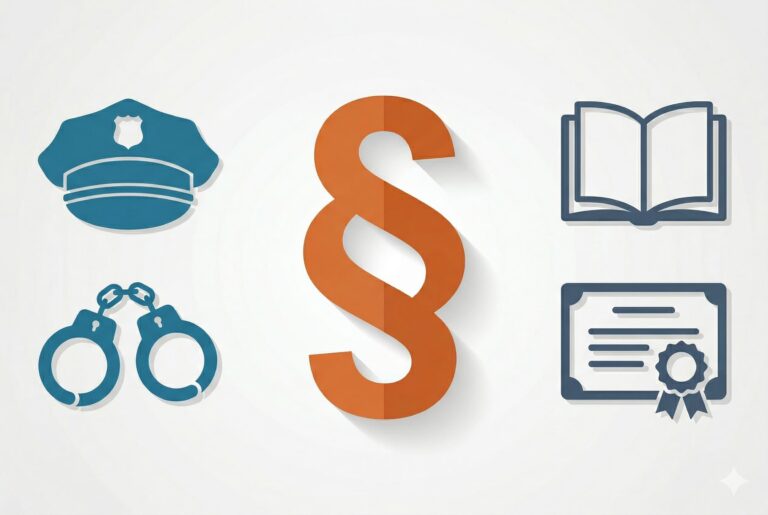 Symbolbild Strafrecht mit Paragraphenzeichen, Polizeimütze, Handschellen, Gesetzbuch und Zertifikat – Thema Fachanwalt für Strafrecht und juristische Weiterbildung