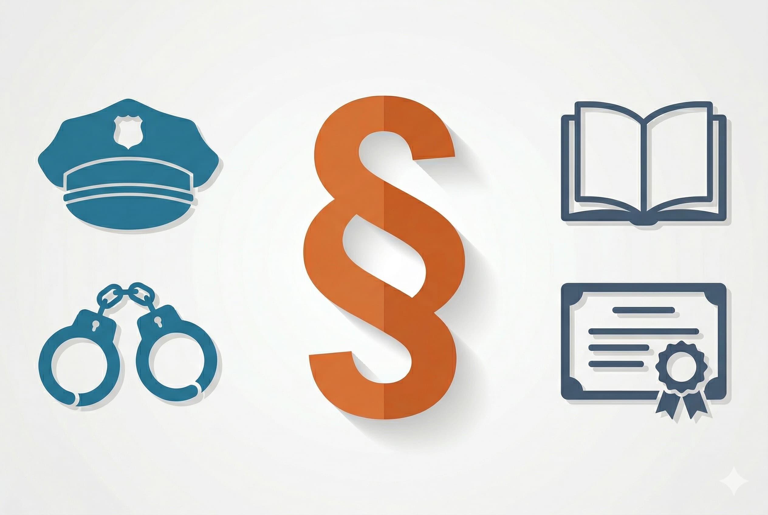 Symbolbild Strafrecht mit Paragraphenzeichen, Polizeimütze, Handschellen, Gesetzbuch und Zertifikat – Thema Fachanwalt für Strafrecht und juristische Weiterbildung