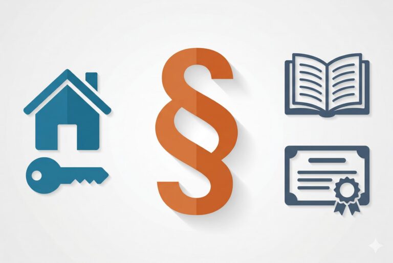 Symbole für Fachanwalt Miet- und Wohnungseigentumsrecht: Haus, Schlüssel, Paragrafzeichen, Gesetzbuch und Zertifikat