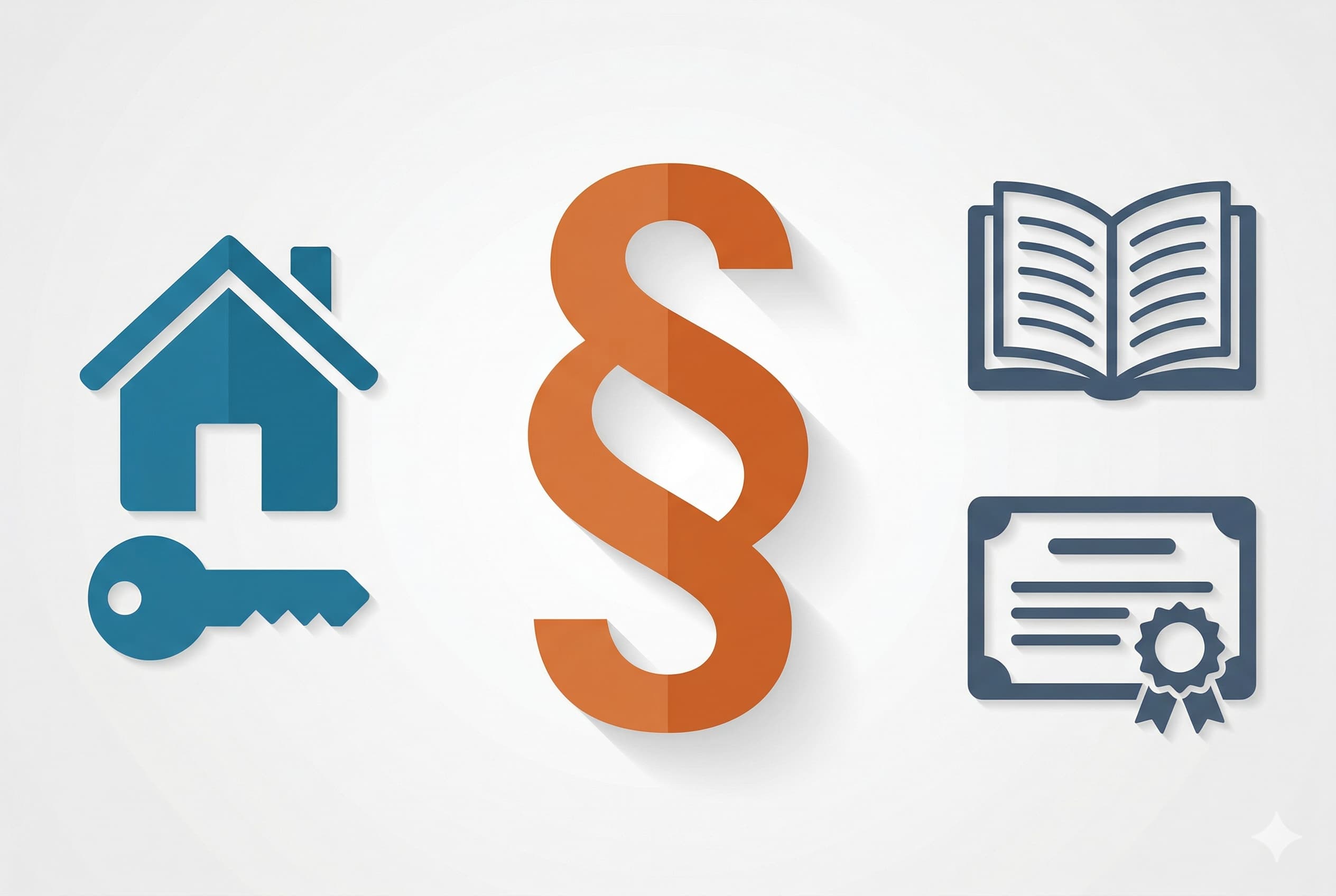Symbole für Fachanwalt Miet- und Wohnungseigentumsrecht: Haus, Schlüssel, Paragrafzeichen, Gesetzbuch und Zertifikat