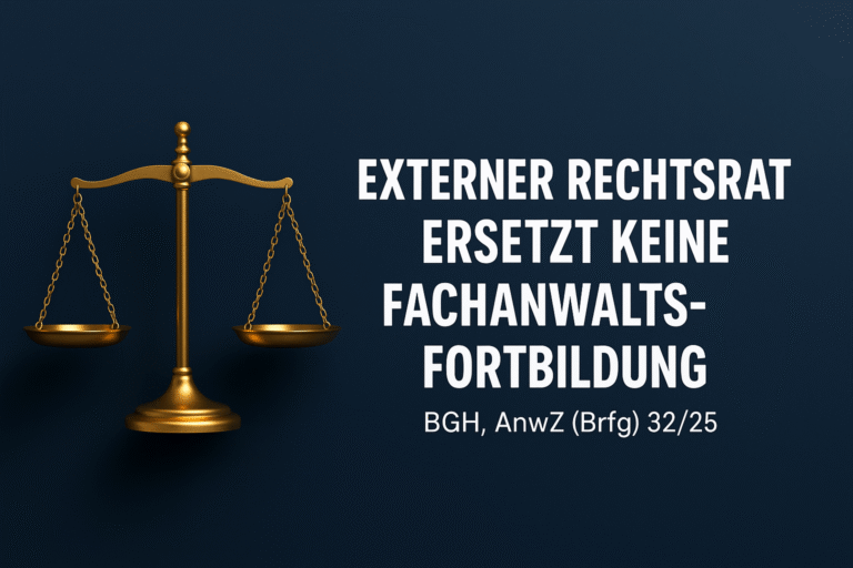 Goldene Justitia-Waage auf dunkelblauem Hintergrund, rechts daneben der weiße Schriftzug: ‚Externer Rechtsrat ersetzt keine Fachanwaltsfortbildung – BGH, AnwZ (Brfg) 32/25