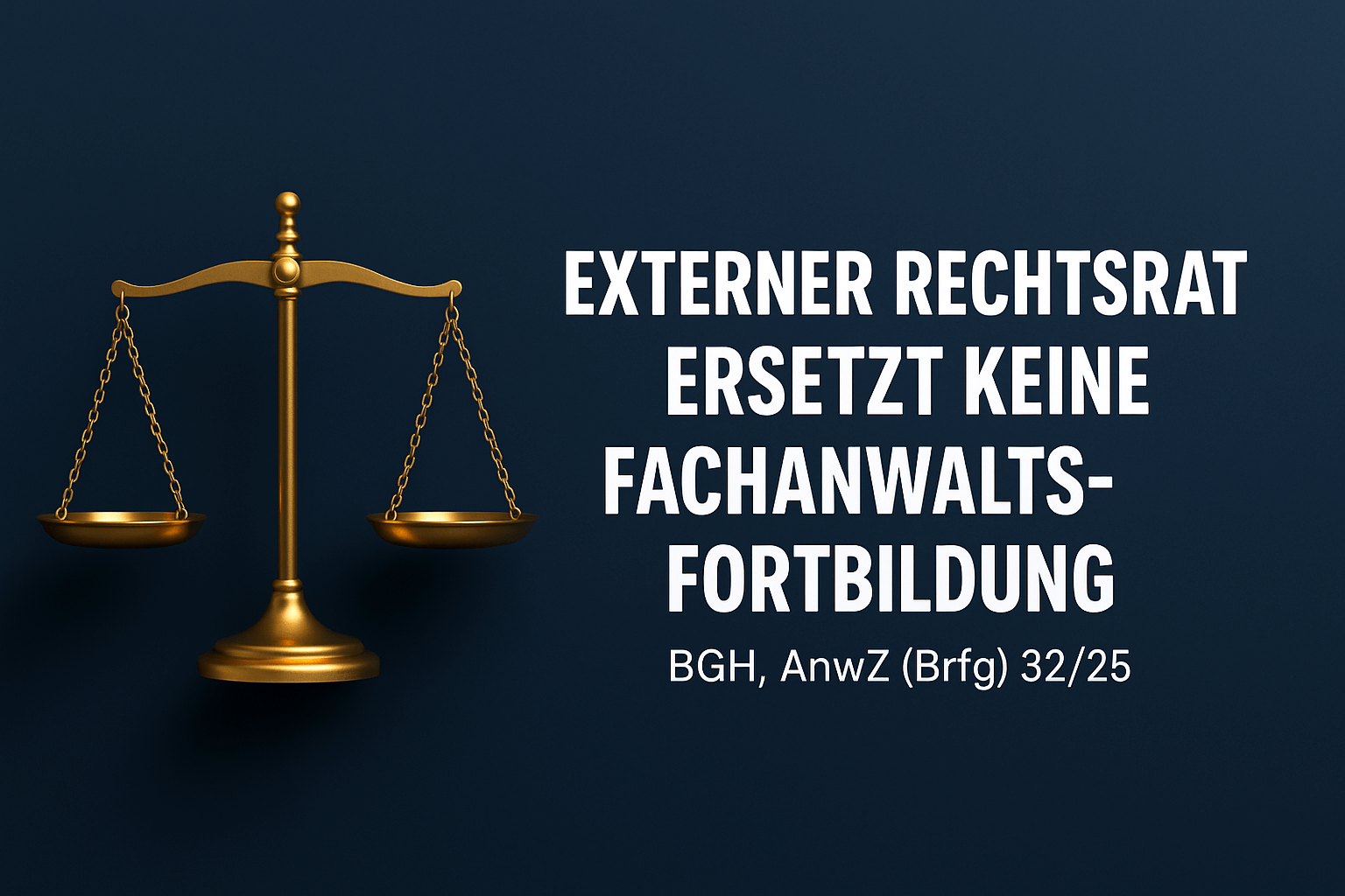 Goldene Justitia-Waage auf dunkelblauem Hintergrund, rechts daneben der weiße Schriftzug: ‚Externer Rechtsrat ersetzt keine Fachanwaltsfortbildung – BGH, AnwZ (Brfg) 32/25