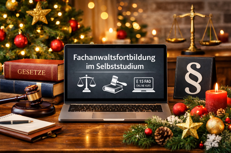 Weihnachtlich dekorierter Schreibtisch mit Laptop zur Fachanwaltsfortbildung im Selbststudium nach § 15 FAO