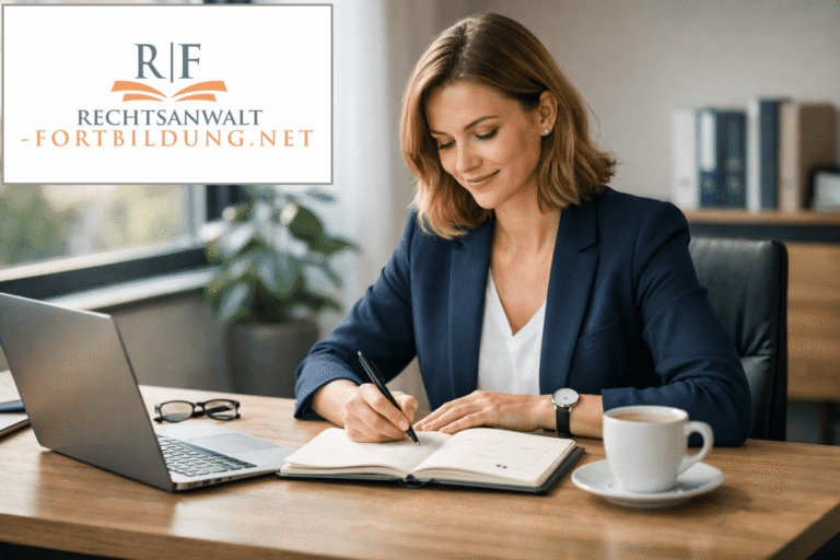 Fachanwältin plant entspannt ihre Fortbildungspflicht am Schreibtisch zu Jahresbeginn