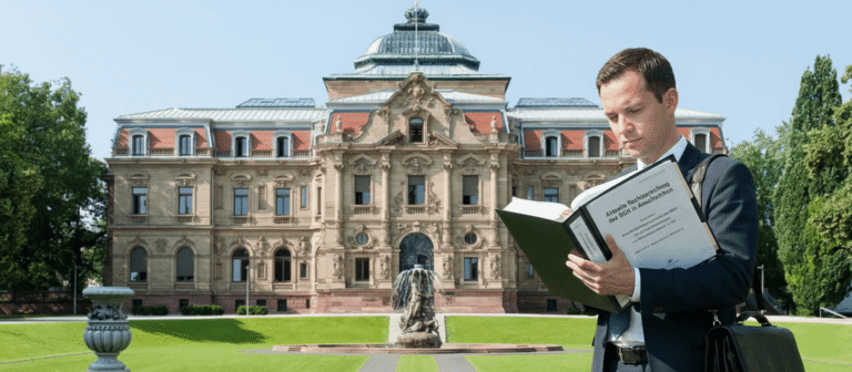 Ein professionell gekleideter Rechtsanwalt steht im Vordergrund und studiert konzentriert ein juristisches Fachbuch zur aktuellen BGH-Rechtsprechung. Im Hintergrund ist das historische Gebäude des Bundesgerichtshofs (BGH) in Karlsruhe mit seinem markanten grünen Dom und der Parkanlage bei hellem Tageslicht zu sehen.