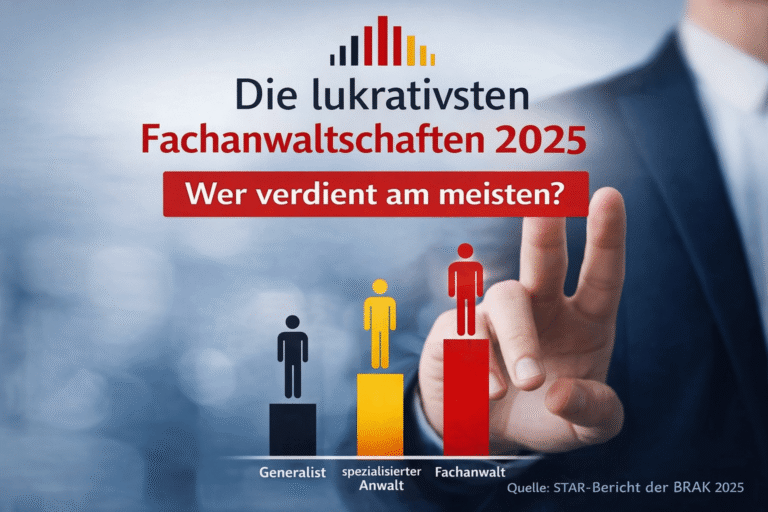 Grafik zum STAR-Bericht 2025 der BRAK mit Balkendiagramm: Vergleich des durchschnittlichen Honorarumsatzes von Generalisten, spezialisierten Rechtsanwälten und Fachanwälten; Fachanwälte erzielen die höchsten Umsätze und Gewinne.