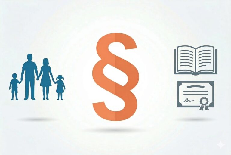 Illustration zum Fachanwalt Familienrecht: Paragraphzeichen mit Familiensilhouette, Gesetzbuch und Zertifikat