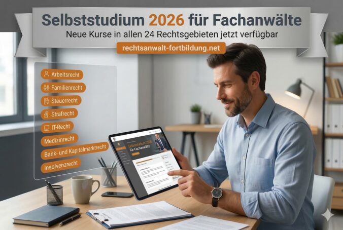 Selbststudium § 15 FAO 2026 – Fachanwalt nutzt Tablet für Fortbildungskurse in allen 24 Rechtsgebieten