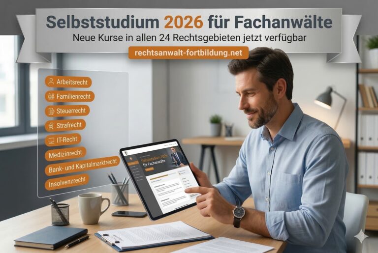 Selbststudium § 15 FAO 2026 – Fachanwalt nutzt Tablet für Fortbildungskurse in allen 24 Rechtsgebieten