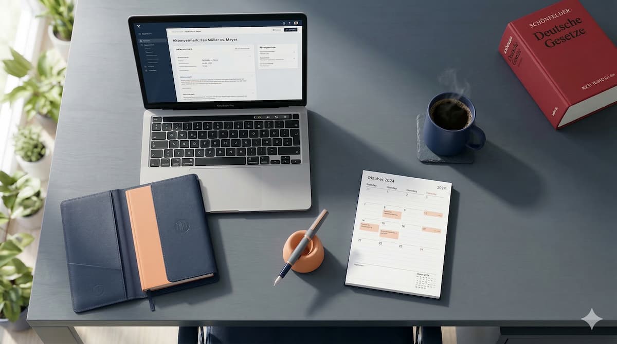 Ein aufgeräumter Kanzleischreibtisch mit einem Laptop, einem Kalender zur Fortbildungsplanung nach § 15 FAO und dem roten Schönfelder, als Symbol für das neue Wissenszentrum für Fachanwälte.