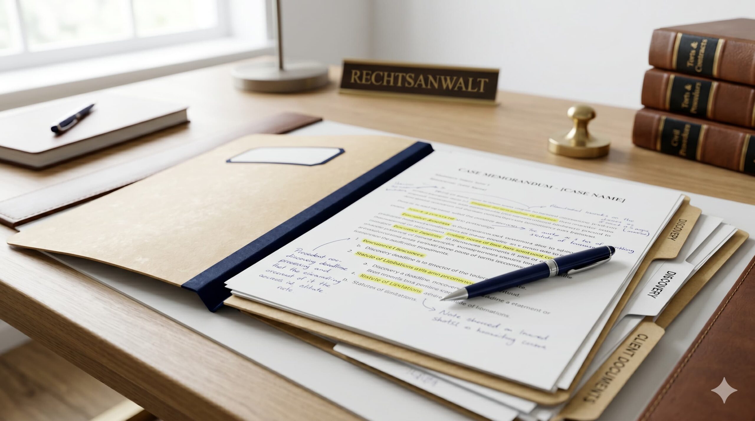 Anwaltsbüro mit geöffneter Fallakte, markierten Dokumenten und Stift – Fallliste Fachanwalt Anforderungen