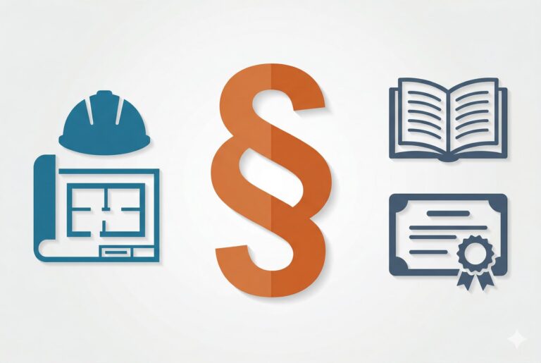 Infografik zum Thema Fachanwalt Bau- und Architektenrecht werden: Bauhelm und Grundriss als Symbole für das Rechtsgebiet, Paragrafzeichen in der Mitte, Buch und Zertifikat für Lehrgang und Titelverleihung.