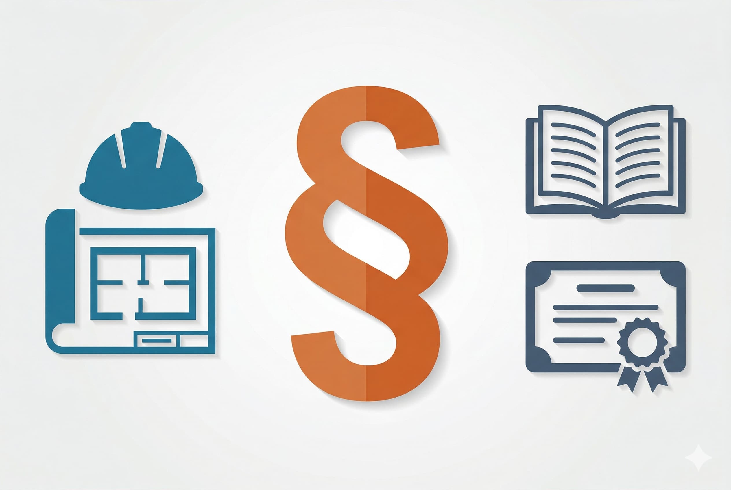 Infografik zum Thema Fachanwalt Bau- und Architektenrecht werden: Bauhelm und Grundriss als Symbole für das Rechtsgebiet, Paragrafzeichen in der Mitte, Buch und Zertifikat für Lehrgang und Titelverleihung.