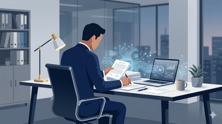 Illustration eines Anwalts in dunklem Anzug, der an einem modernen Schreibtisch Dokumente prüft, mit einem Laptop und holografischen KI-Symbolen sowie Schaltkreis-Visualisierungen im Hintergrund