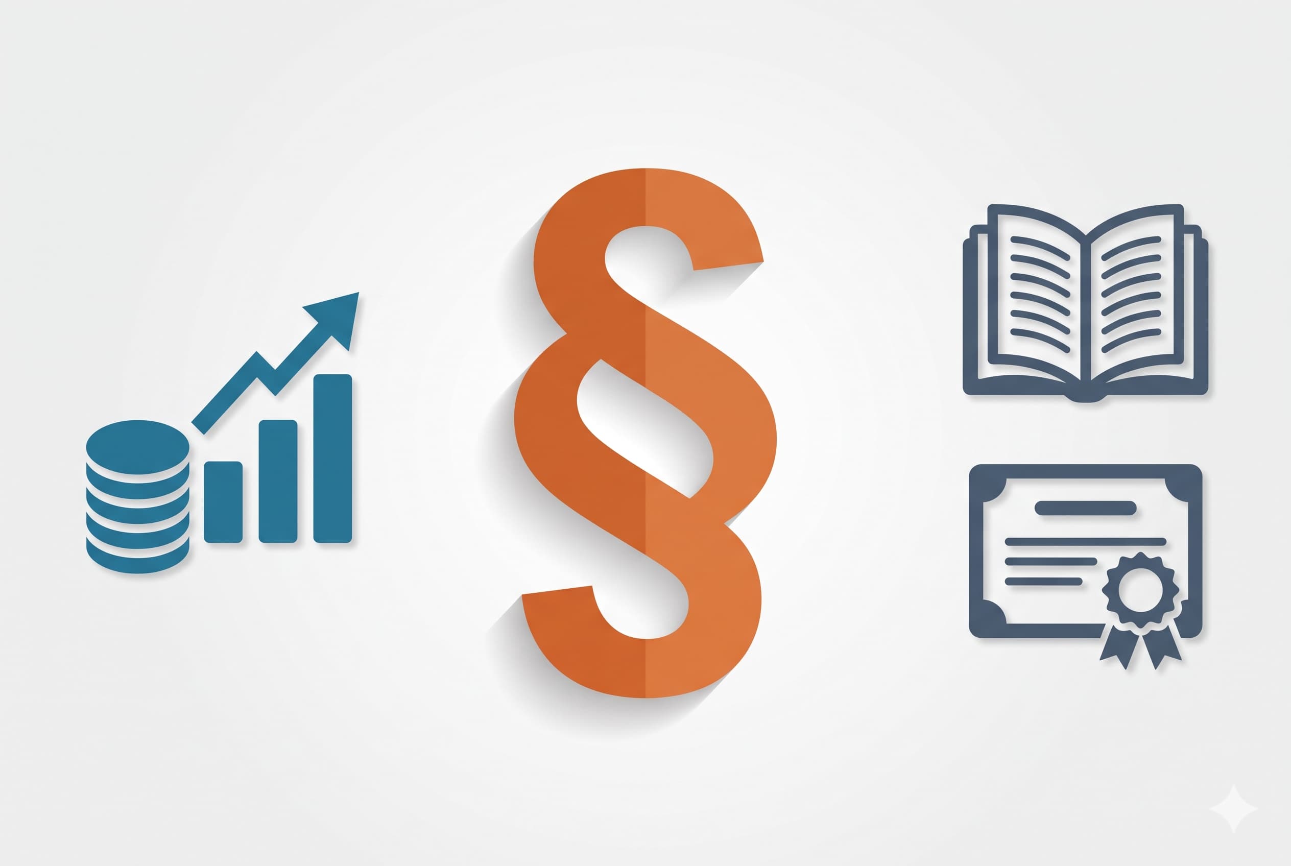 Flat-Icon-Illustration zum Thema Fachanwalt Bank- und Kapitalmarktrecht: Münzstapel und Kursgraph, Paragrafzeichen und Buch mit Zertifikat