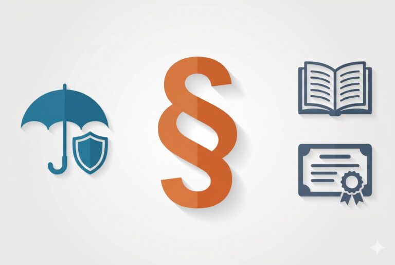 Flat-Icon-Illustration zum Thema Fachanwalt Versicherungsrecht: Schirm und Schutzschild, Paragrafzeichen und Buch mit Zertifikat