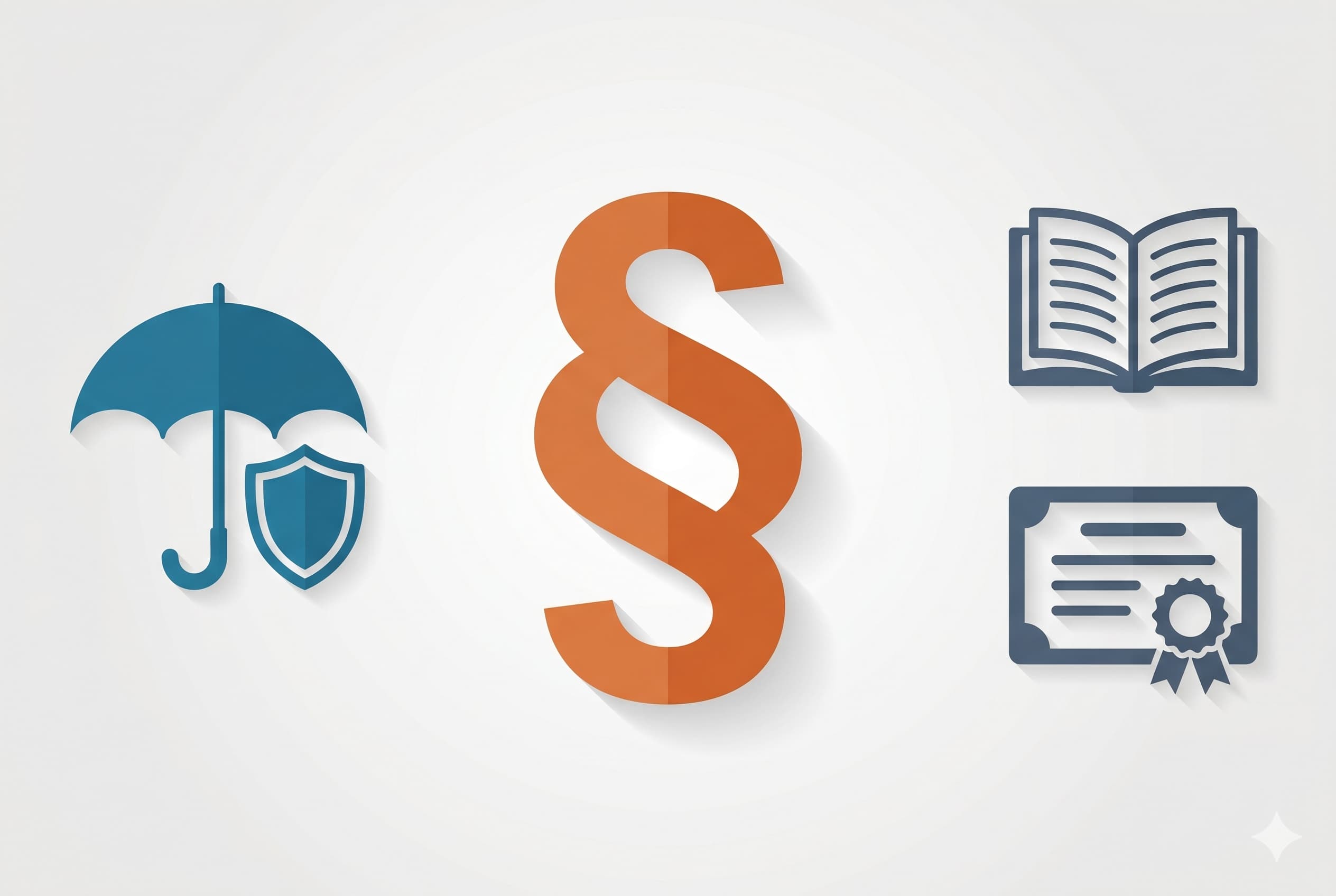 Flat-Icon-Illustration zum Thema Fachanwalt Versicherungsrecht: Schirm und Schutzschild, Paragrafzeichen und Buch mit Zertifikat