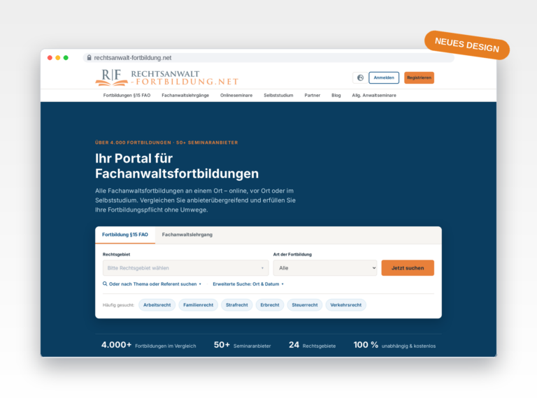 Screenshot der neu gestalteten Startseite von Rechtsanwalt-Fortbildung.net mit Suchfenster für Fortbildungen nach § 15 FAO