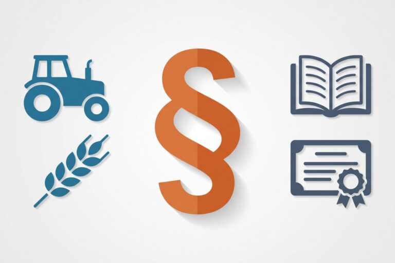 Flat-Icon-Illustration zum Thema Fachanwalt Agrarrecht: Traktor und Weizenähre, Paragrafzeichen und Buch mit Zertifikat