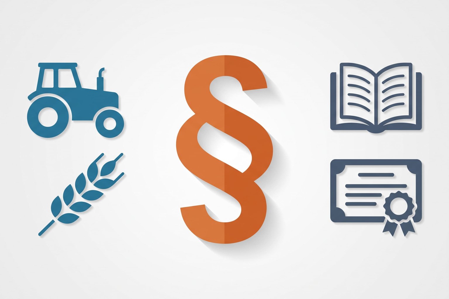 Flat-Icon-Illustration zum Thema Fachanwalt Agrarrecht: Traktor und Weizenähre, Paragrafzeichen und Buch mit Zertifikat