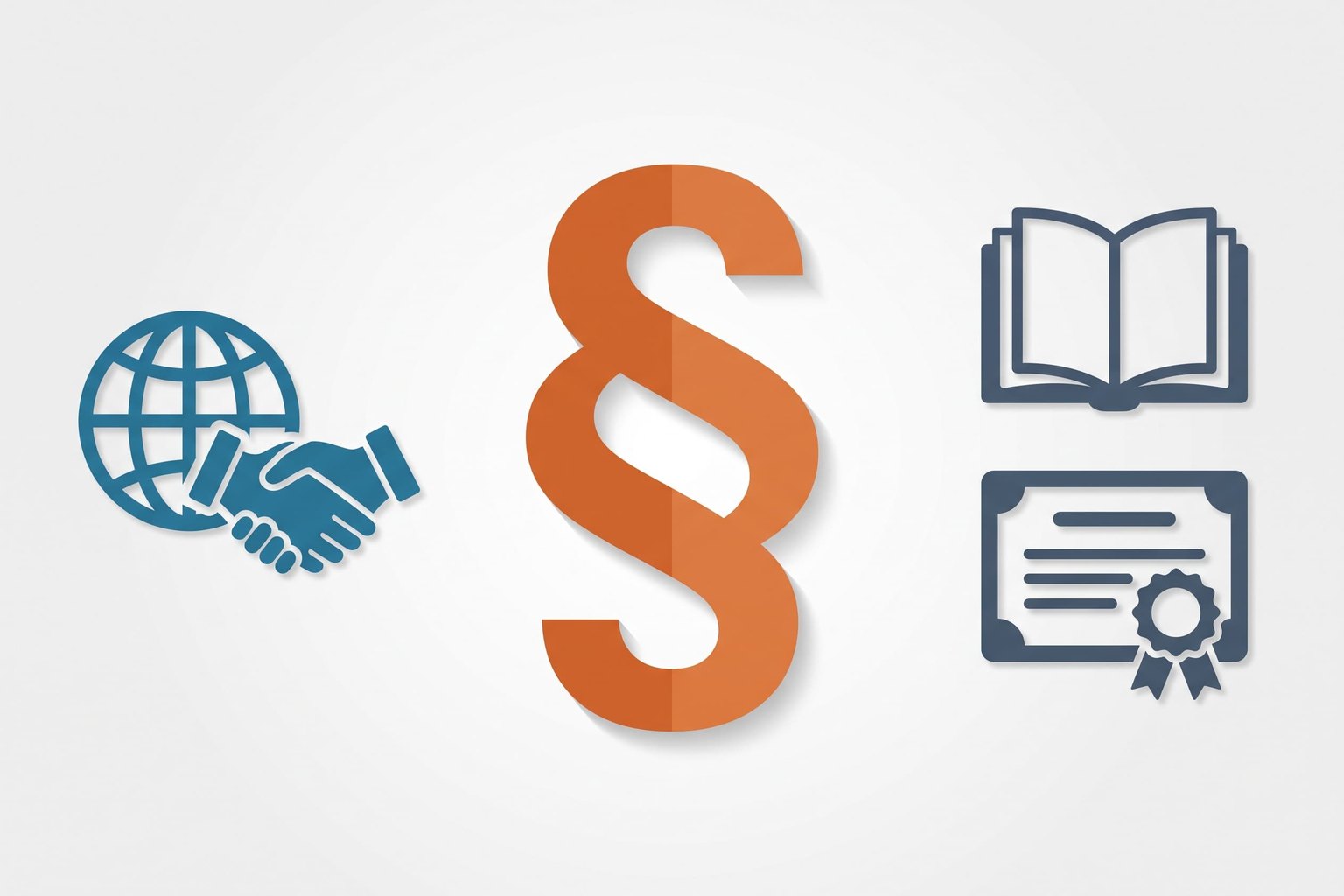Flat-Icon-Illustration zum Thema Fachanwalt Internationales Wirtschaftsrecht: Globus und Handschlag, Paragrafzeichen und Buch mit Zertifikat