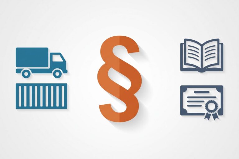 Flat-Icon-Illustration zum Thema Fachanwalt Transport- und Speditionsrecht: LKW und Frachtcontainer, Paragrafzeichen und Buch mit Zertifikat