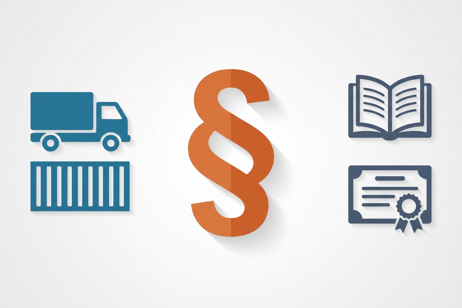 Flat-Icon-Illustration zum Thema Fachanwalt Transport- und Speditionsrecht: LKW und Frachtcontainer, Paragrafzeichen und Buch mit Zertifikat