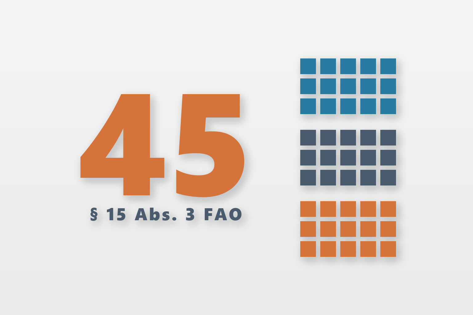 Die Zahl 45 mit § 15 Abs. 3 FAO und drei Raster aus je 15 Feldern – 15 Zeitstunden je Fachgebiet bei drei Fachanwaltstiteln